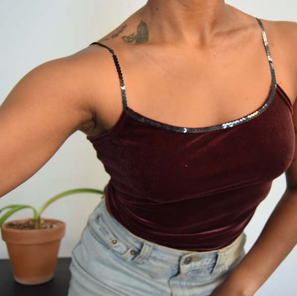 90's Deep Purple Sequin Strapped Velvet Tank Top - Picture 1 of 2